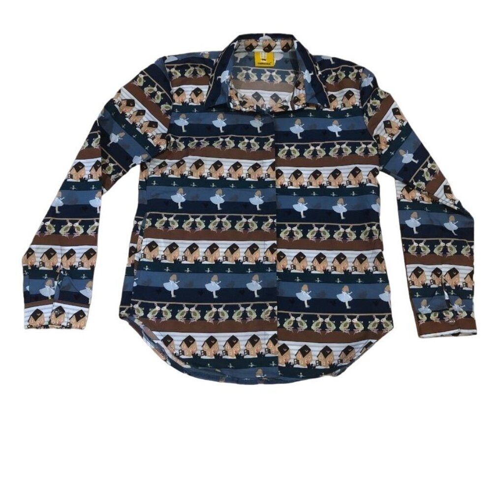 Tamusen Womens Button Down Blouse Shirt Rabbits Girl Navy Striped Small Medium